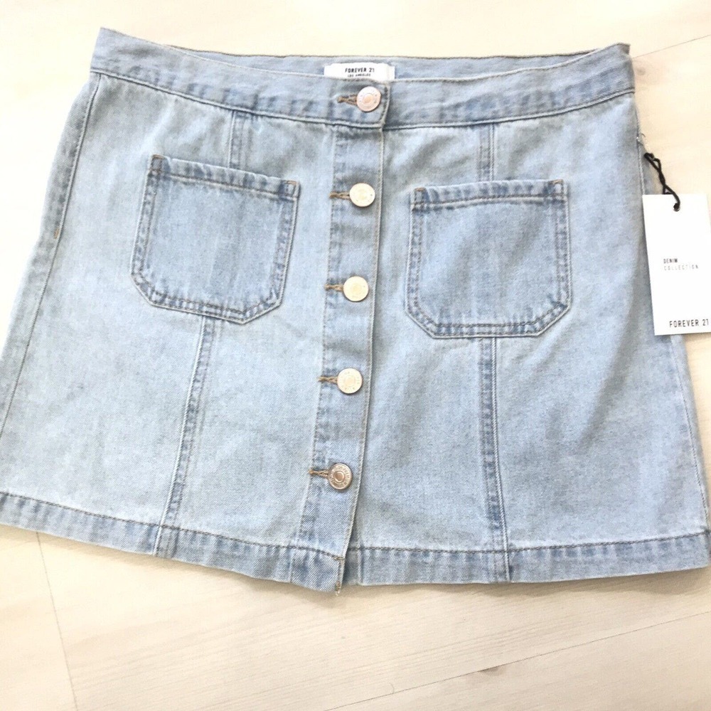 NEW Forever 21 Los Angeles Denim Skirt Light Wash Size 29 Rose Gold Button Front